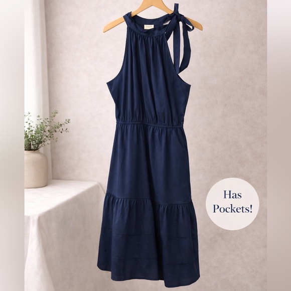 J. Crew Dresses & Skirts - J.Crew Dress Size 10 Navy Halter Midi Tiered Pockets Cotton Elastane